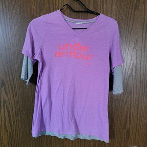 Under Armour Contrast Layered Sleeve Tee Shirt Lavender Grey **** No Size Tag **